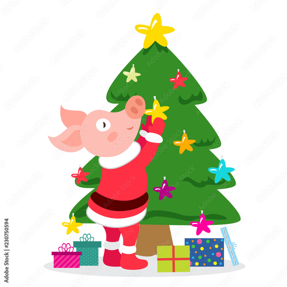 Naklejka premium Christmas illustration with cute pig