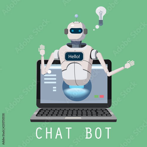 Free Chat Bot, Robot Virtual Assistance On Laptop Say Hello Element Of Website Or Mobile Applications, Artificial Intelligence Concept Cartoon Vector Illustration