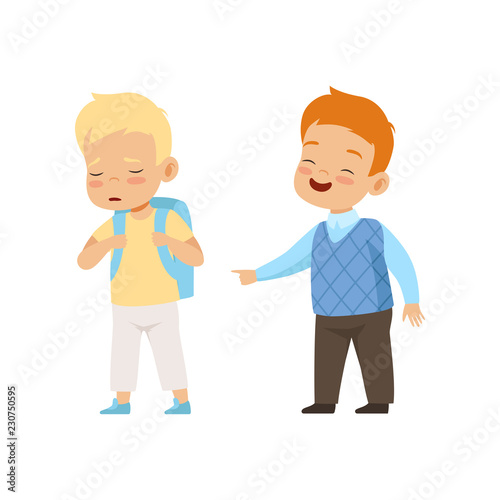 Naughty boy mocking and pointing at another, bad behavior, conflict between kids, mockery and bullying at school vector Illustration on a white background