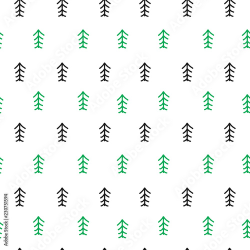 Seamless pattern with hand drawn christmas tree on white background.