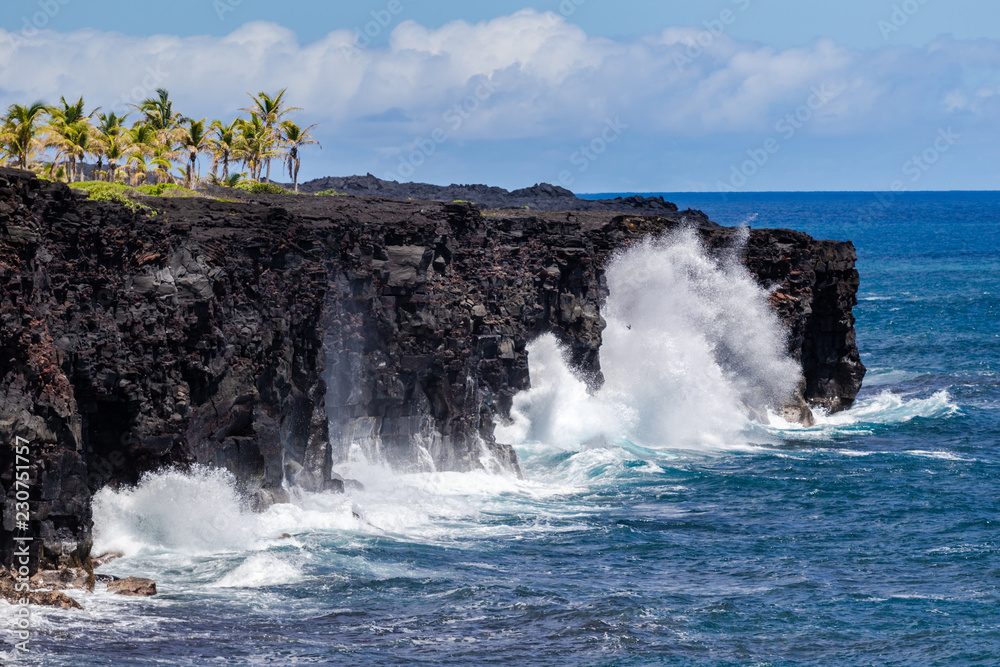 Large waves crashing against tall volcanic clifs on Hawaii's Big Island. Grove of palm grees on top of the coastline; Pacific ocean, sky & blue clouds in the background.