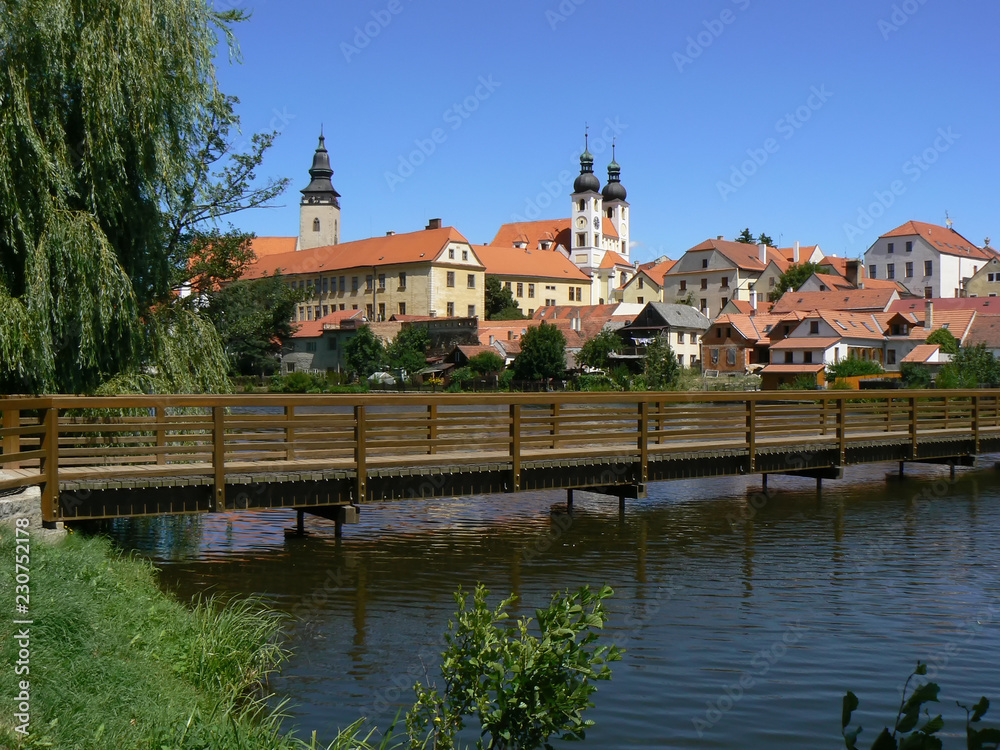 View of castle and bridge in Telc, Czech republic. 