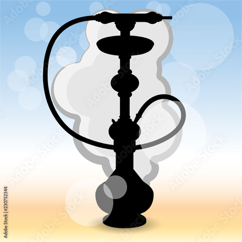 Realistic silhouette hookah vector ilustration on blured beach background, with stam and bokeh. for web and print