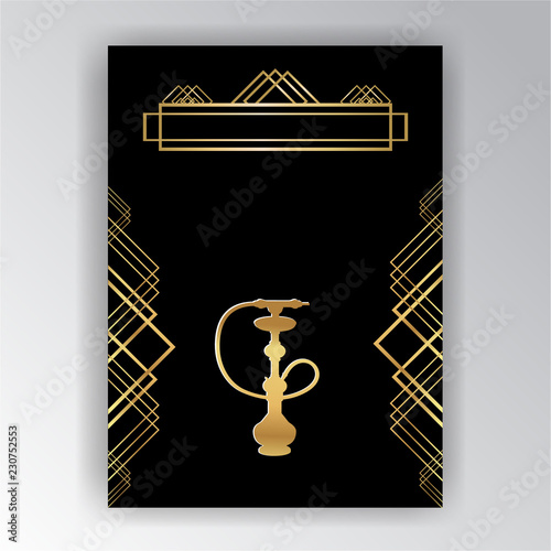 Golden silhouette hookah vector ilustration on black Art Deco/ Art Nuvo background, elegant retro backgroud, creative logotype . for web and print