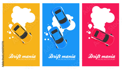 Top view of a drifting car in flat vector banner set