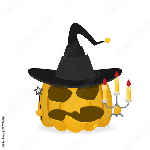 Halloween pumpkin with witch hat. Flat style icon. Vector illustration.