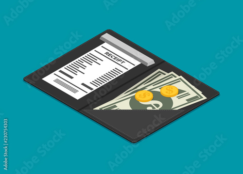 Leather folder for cash, coins and cashier check. Flat vector isometric