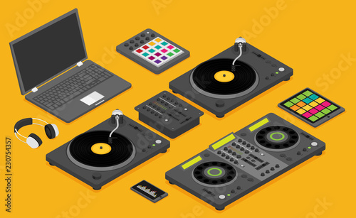 DJ devices set in isometric flat style vector isolated on background