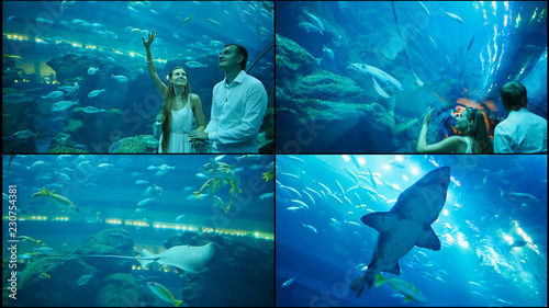 Guy and Girl walk on an underwater aquarium. photo