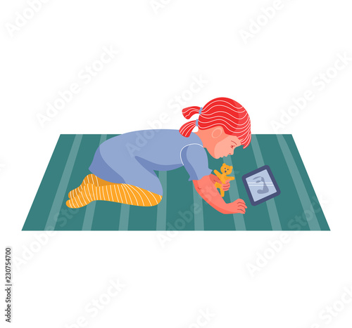 The girl with the tablet. The boy is watching cartoons. Internet addiction. Vector illustration. Flat style.