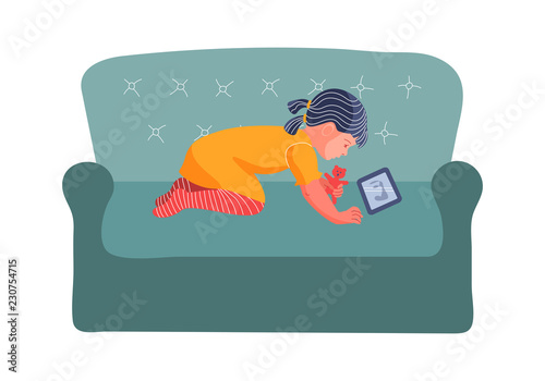 Girl sitting on the couch with a tablet. Internet addiction concept. Vector illustration. Flat style.