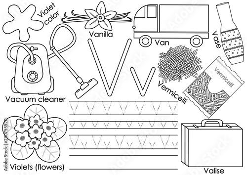 Letter V. English alphabet. Writing practice for children. Education. Coloring book. Vector illustration.