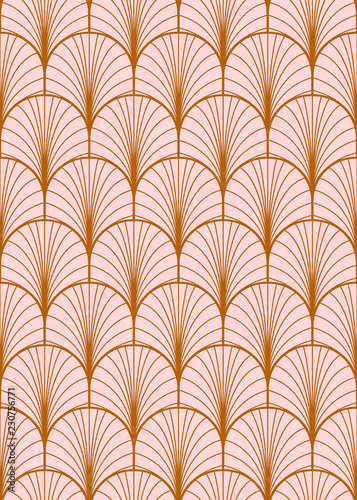Art deco geometric seamless vector pattern. Gold and dusty pink peacock abstract feathers texture. photo