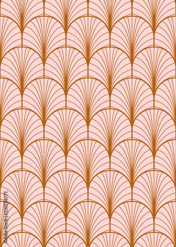 Art deco geometric seamless vector pattern. Gold and dusty pink peacock abstract feathers texture.
