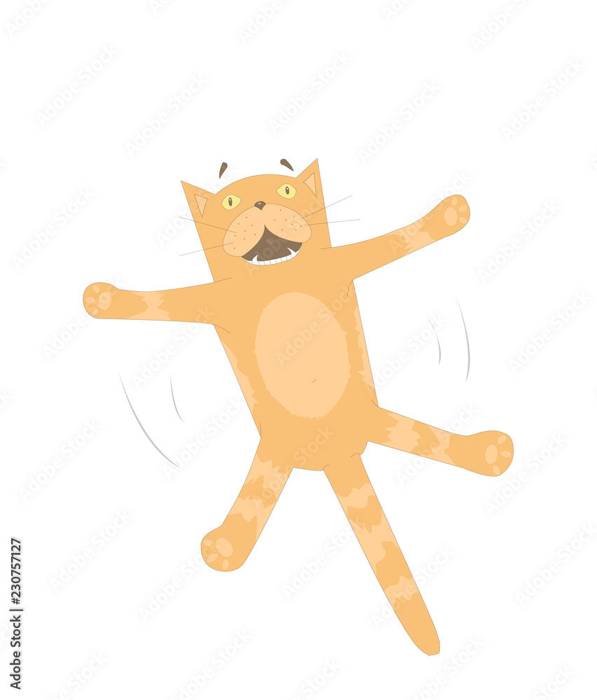 Ginger cat falling down (jumping,flying in the air) with expression of
