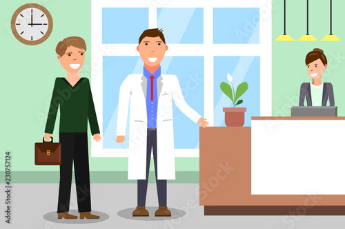 Hospital. Doctor and patients in clinic hall