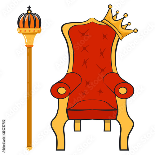 Vector illustration of cartoon scepter, throne of the king and crown