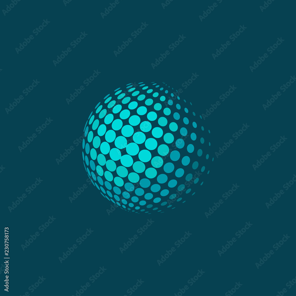 Abstract dotted halftone sphere on blue background. Plane colors Abstract dotted halftone sphere on blue background. Plane colors