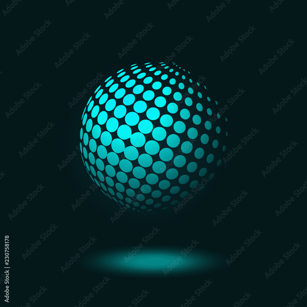Abstract dotted halftone sphere on dark blue background