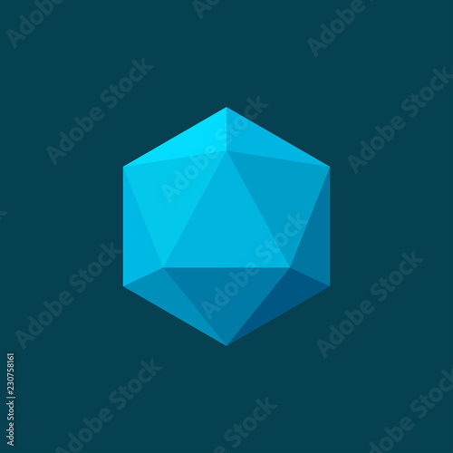 Icosahedron on blue background. Plane colors