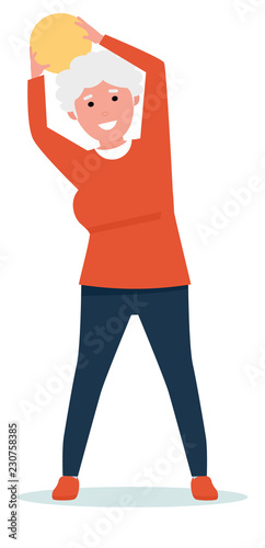 Sportive senior woman with ball - isolated. Cartoon character flat style illustration