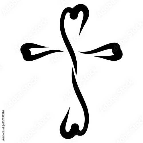 Figured decorative cross  black contour  a pattern from hearts