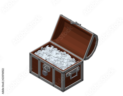Opened wooden chest with silver coins. Isolated on white background.