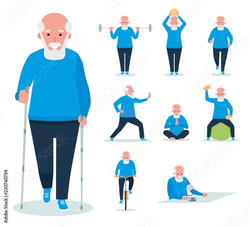 elderly man is engaged in weightlifting,man and dumbbells. Active sport concept set. Cartoon flat style illustration on white background.