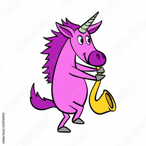 Pink unicorn playing the saxophone Vector illustration