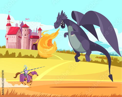 Castle Dragon Cartoon Illustration