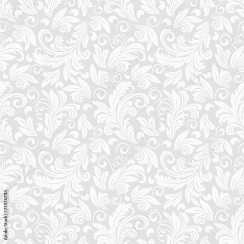 Seamless grey background with white pattern in baroque style. Vector retro illustration. Ideal for printing on fabric or paper for textile, wrapping.