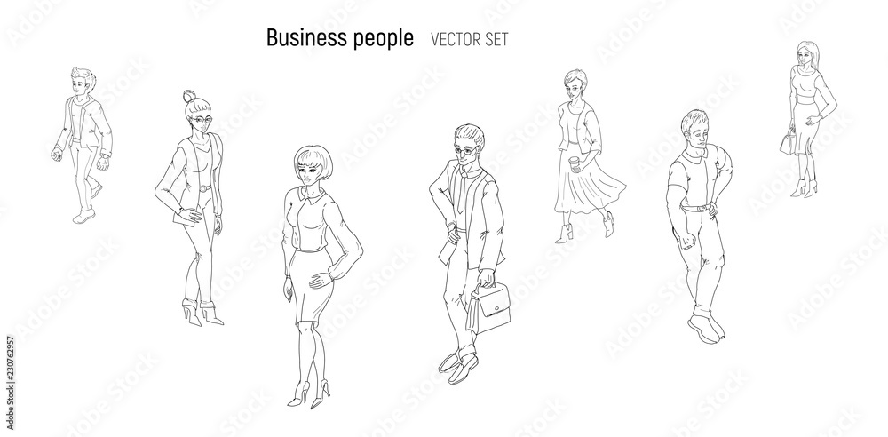 Group of people standing. Black and white outline sketch vector. Business  men and women cartoon style characters isolated. Stock Vector | Adobe Stock