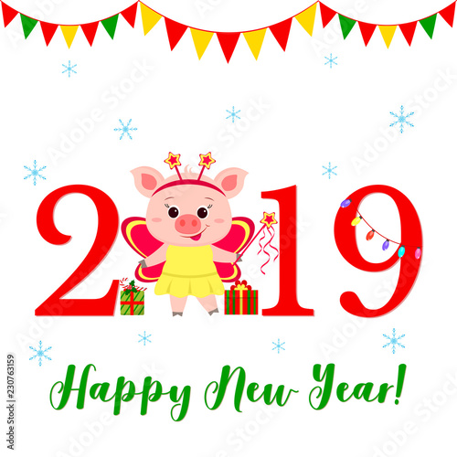 Happy New Year and Merry Christmas Greeting Card. Cute little piglet in a fairy butterfly costume. The symbol of the new year in the Chinese calendar. 2019. Vector