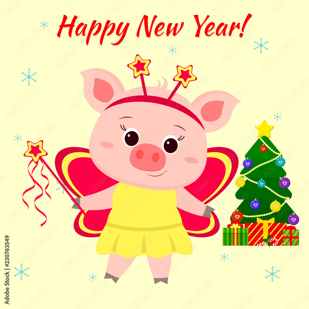 Happy New Year and Merry Christmas Greeting Card. Cute little piglet in a fairy butterfly costume. The symbol of the new year in the Chinese calendar. 2019. Vector Happy New Year and Merry Christmas Greeting Card. Cute little piglet in a fairy butterfly costume. The symbol of the new year in the Chinese calendar. 2019. Vector