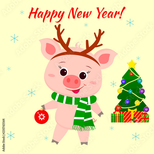 Happy New Year and Merry Christmas greeting card. Cute pig in deer horns and a striped scarf. The symbol of the new year in the Chinese calendar. 2019. Vector