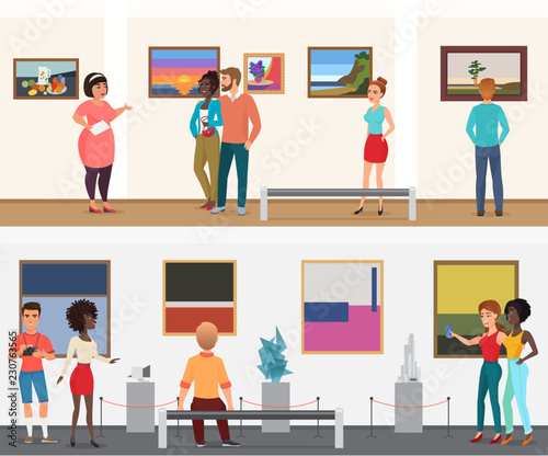 Vector Museum visitors people in art exhibition gallery museum looking pictures and other art exhibits objects.