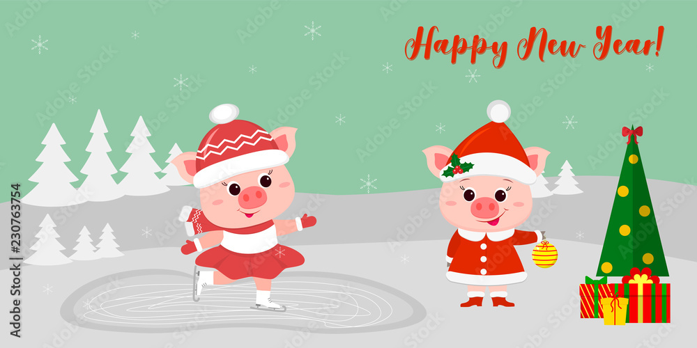Happy New Year and Merry Christmas greeting card. Two cute pigs. One is riding on a skating rink, the other in Santa s costume is standing near the Christmas tree with presents. Vector Happy New Year and Merry Christmas greeting card. Two cute pigs. One is riding on a skating rink, the other in Santa s costume is standing near the Christmas tree with presents. Vector