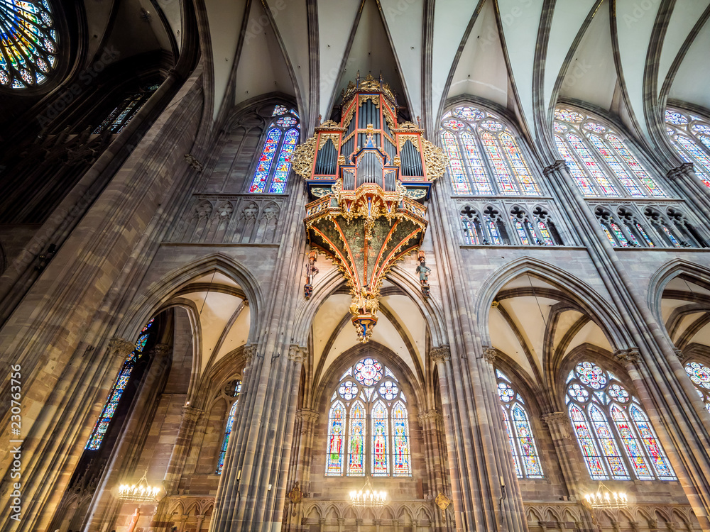 Strasbourg, France - Aug 18, 2018: Inside the Strasbourg Cathedral or the Cathedral of Our Lady of Strasbourg, Notre-Dame, also known as Strasbourg Minster, Alsace, France, wide angle