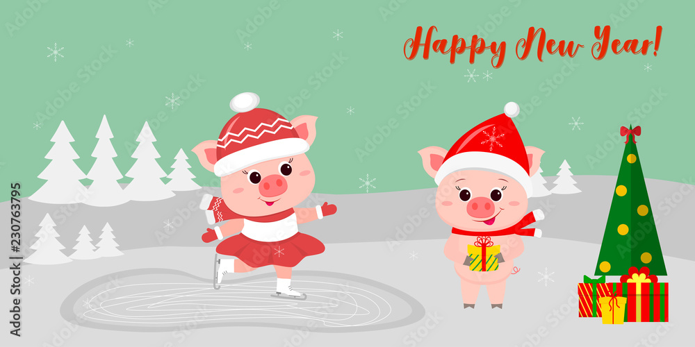 Happy New Year and Merry Christmas Greeting Card. Two cute pigs. One goes to the rink, the other in a hat and a scarf, Santa stands next to the tree with gifts. Vector Happy New Year and Merry Christmas Greeting Card. Two cute pigs. One goes to the rink, the other in a hat and a scarf, Santa stands next to the tree with gifts. Vector