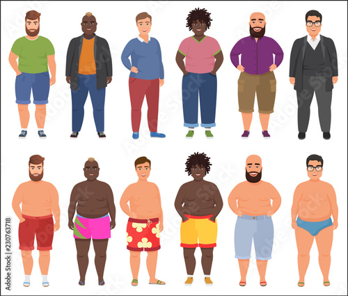 Fat man in casual and summer underwear clothes set. Plus size male people.