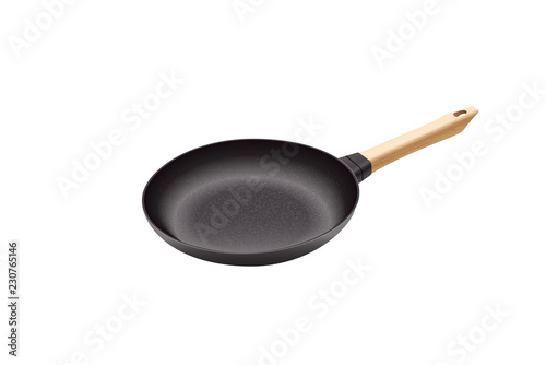 Realistic vector iron pan. Cast-iron pan with wooden handle.