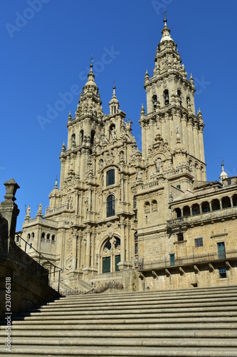 Cathedral, side view from stone stairs. Plaza del Obradoiro. Santiago de Compostela, Spain.