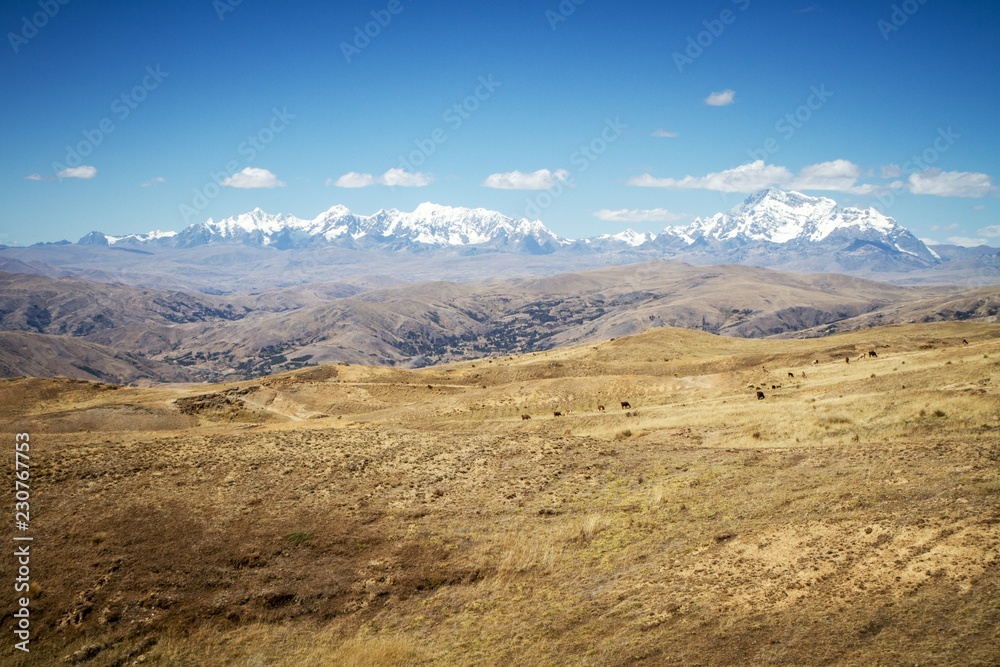 Panoramic view of spectacular high mountains, Cordillera, Andes, Peru, Clear blue sky with a few white clouds, scenic landscape, wallpaper, mountains covered by snow