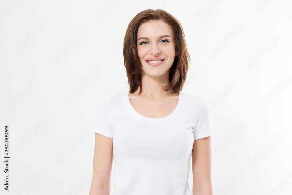 Blank t shirt. Happy young caucasian girl isolated on white background. Copy space. Mock up. Summer woman clothes. Blank t shirt. Happy young caucasian girl isolated on white background. Copy space. Mock up. Summer woman clothes.