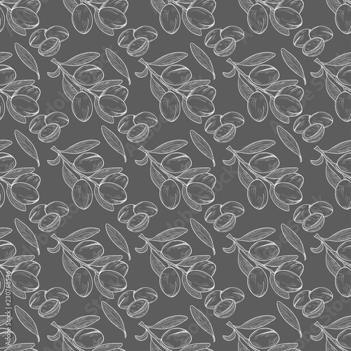Argan. Plant. Background, wallpaper, seamless. Sketch. Monochrome. White pattern on a gray background