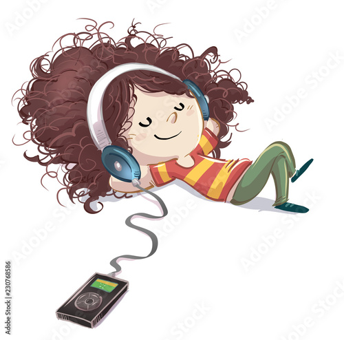 Adolescente estilo de vida música auriculares niña contento meditación  teléfono sonrisa silla 26407685 Foto de stock en Vecteezy