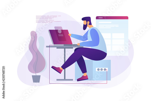 Cartoon programmer at work. Web developer working on laptop in the office. Programming concept. The process of creating web pages. Vector flat illustration.