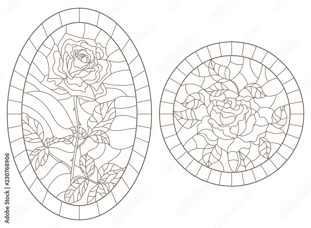 A set of contour illustrations of stained glass Windows with rosees in frames, dark contours on a white background, round and oval image