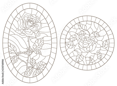 A set of contour illustrations of stained glass Windows with rosees in frames, dark contours on a white background, round and oval image