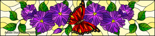 Illustration in stained glass style with abstract curly purple flowers and red butterfly on yellow background , horizontal image